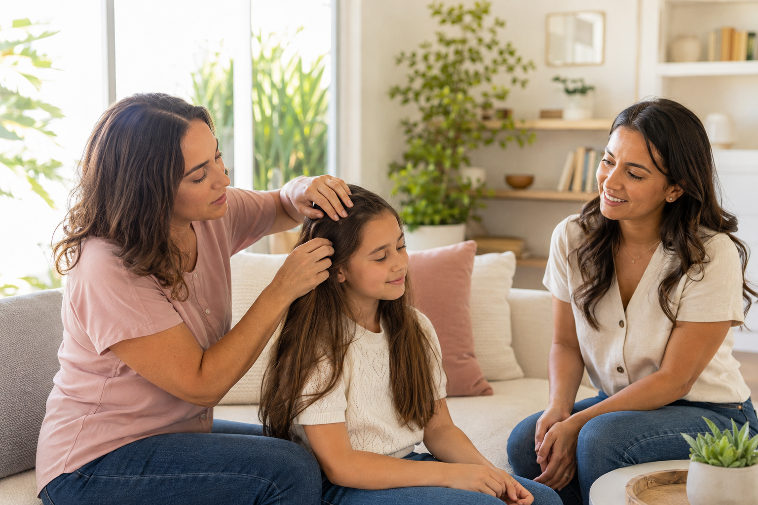 A caring lice removal professional gently checking a child's hair at home